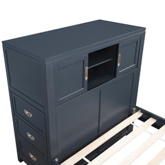 Sloane Navy Blue Full Bookcase Bed with Hidden Desk, Stool and Storage Bench - Ornate Home
