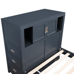 Sloane Navy Blue Full Bookcase Bed with Hidden Desk, Stool and Storage Bench - Ornate Home
