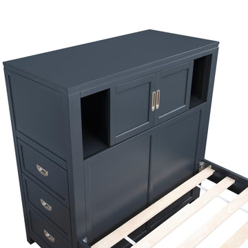 Sloane Navy Blue Full Bookcase Bed with Hidden Desk, Stool and Storage Bench - Ornate Home