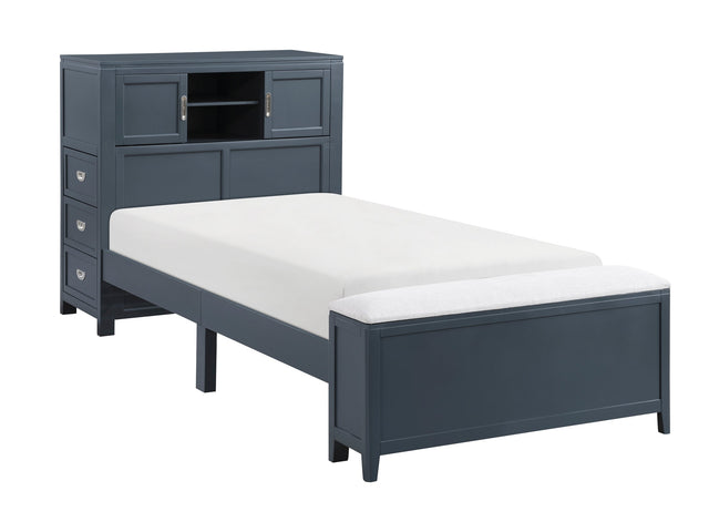 Sloane Navy Blue Twin Bookcase Platform Bed with Hidden Desk, Stool and Storage Bench - Ornate Home