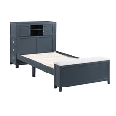 Sloane Navy Blue Twin Bookcase Platform Bed with Hidden Desk, Stool and Storage Bench - Ornate Home
