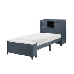 Sloane Navy Blue Twin Bookcase Platform Bed with Hidden Desk, Stool and Storage Bench - Ornate Home
