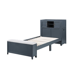 Sloane Navy Blue Twin Bookcase Platform Bed with Hidden Desk, Stool and Storage Bench - Ornate Home