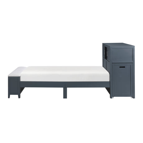 Sloane Navy Blue Twin Bookcase Platform Bed with Hidden Desk, Stool and Storage Bench - Ornate Home