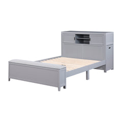 Sloane Smoke Gray Full Bookcase Platform Bed with Hidden Desk & Stool and Storage Bench - Ornate Home