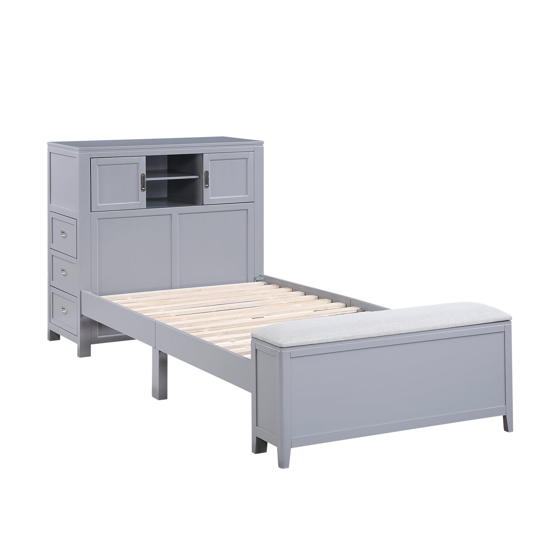 Sloane Smoke Gray Twin Bookcase Platform Bed with Hidden Desk & Stool and Storage Bench - Ornate Home