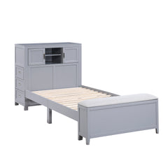 Sloane Smoke Gray Twin Bookcase Platform Bed with Hidden Desk & Stool and Storage Bench - Ornate Home
