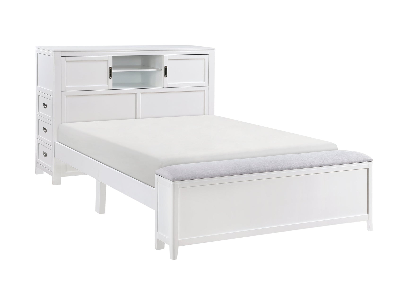Sloane White Full Bookcase Platform Bed with Hidden Desk & Stool and Storage Bench - Ornate Home