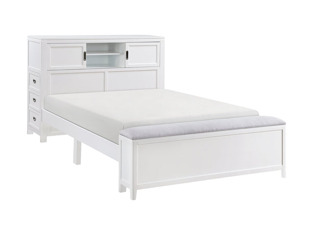 Sloane White Full Bookcase Platform Bed with Hidden Desk & Stool and Storage Bench - Ornate Home