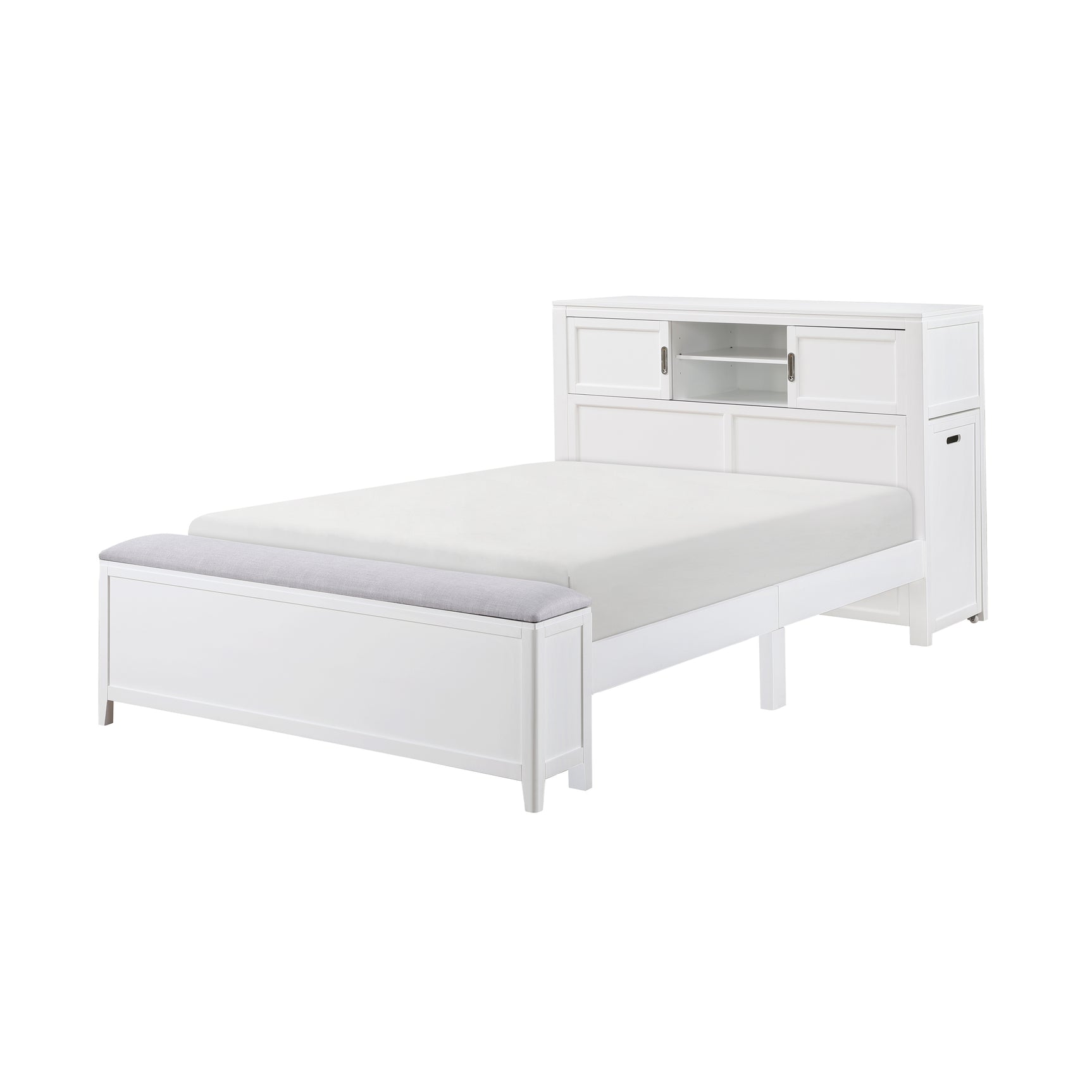 Sloane White Full Bookcase Platform Bed with Hidden Desk & Stool and Storage Bench - Ornate Home