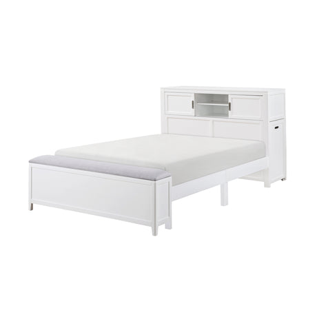 Sloane White Full Bookcase Platform Bed with Hidden Desk & Stool and Storage Bench - Ornate Home