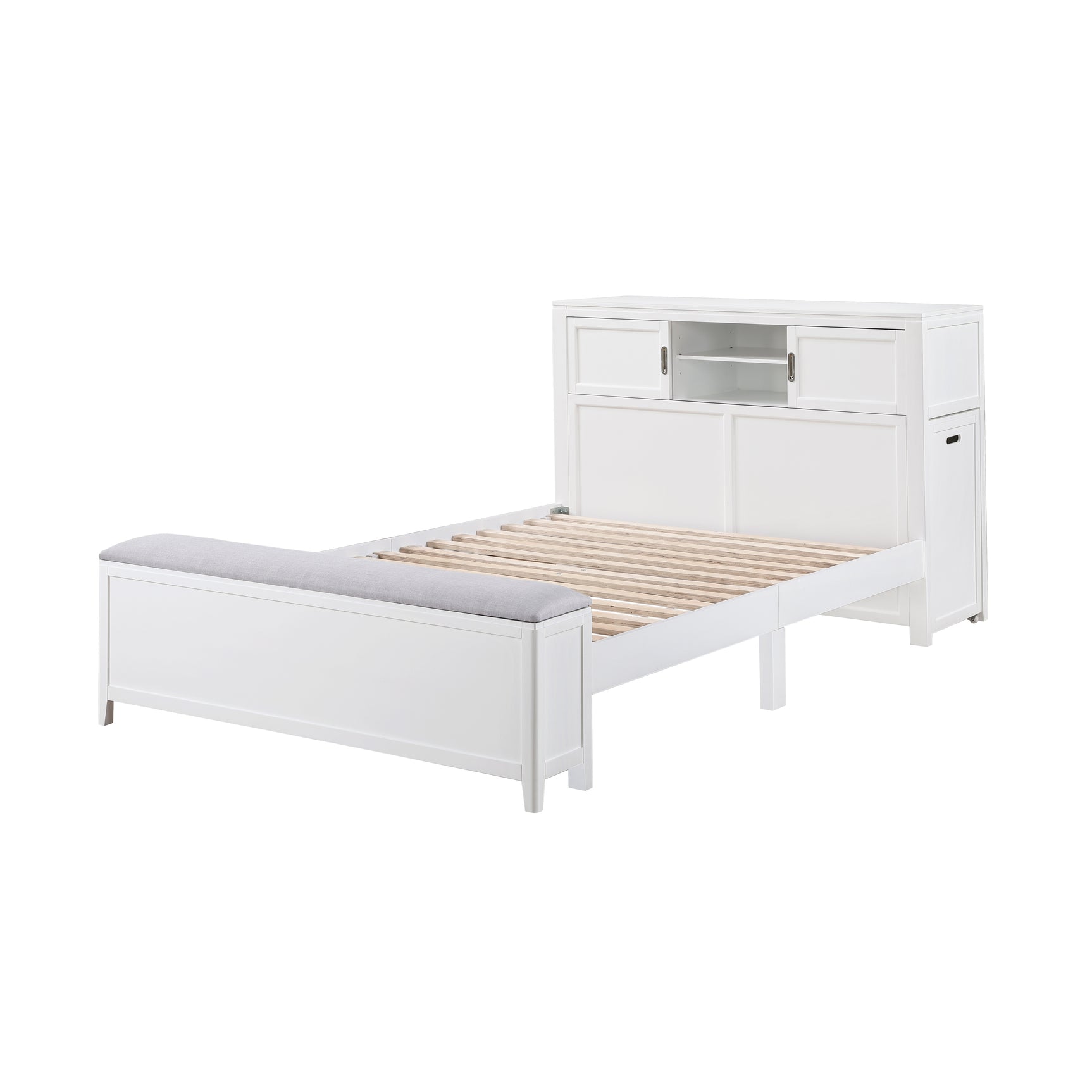 Sloane White Full Bookcase Platform Bed with Hidden Desk & Stool and Storage Bench - Ornate Home