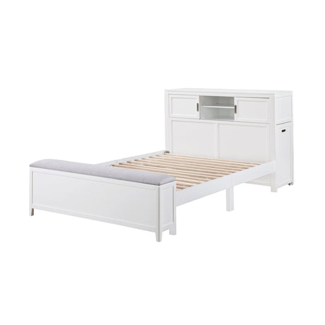 Sloane White Full Bookcase Platform Bed with Hidden Desk & Stool and Storage Bench - Ornate Home
