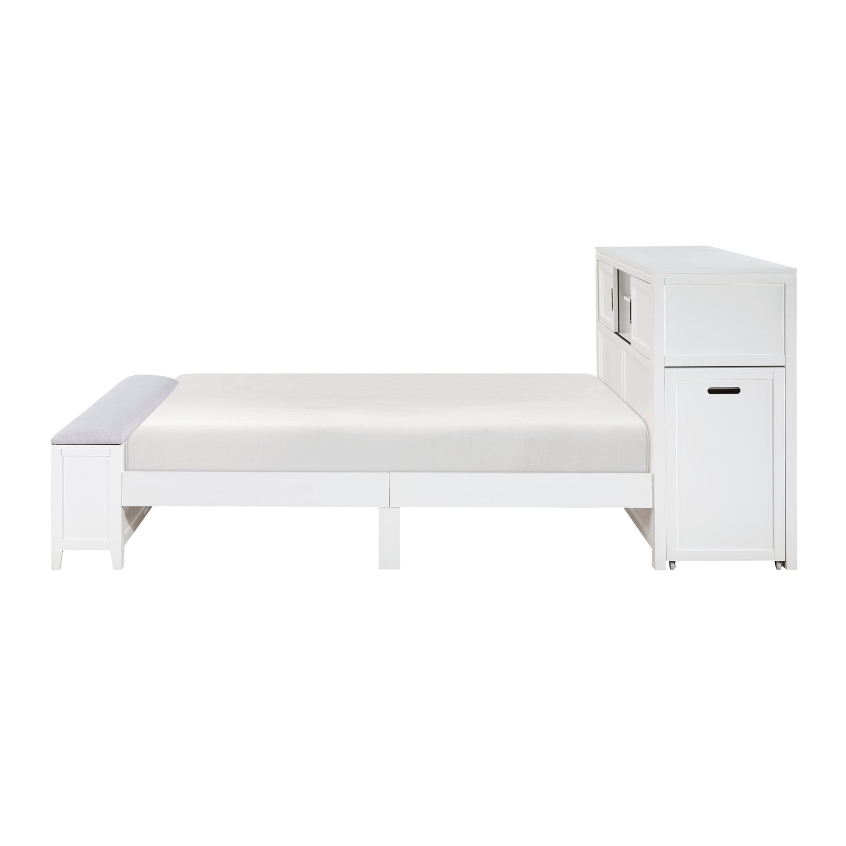 Sloane White Full Bookcase Platform Bed with Hidden Desk & Stool and Storage Bench - Ornate Home