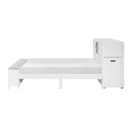 Sloane White Full Bookcase Platform Bed with Hidden Desk & Stool and Storage Bench - Ornate Home