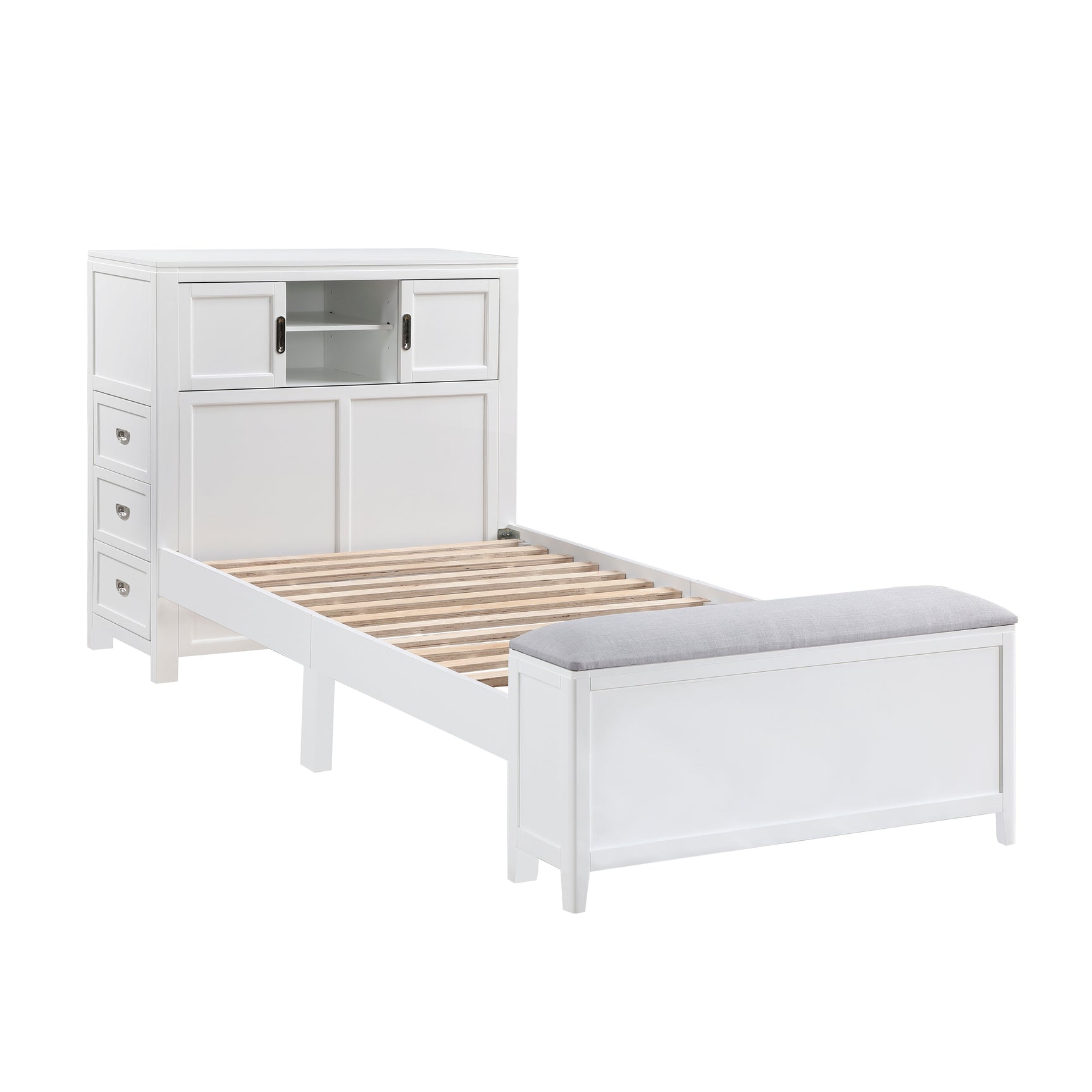 Sloane White Twin Bookcase Platform Bed with Hidden Desk & Stool and Storage Bench - Ornate Home