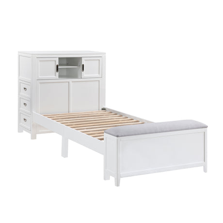 Sloane White Twin Bookcase Platform Bed with Hidden Desk & Stool and Storage Bench - Ornate Home