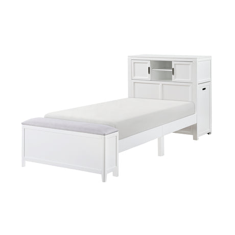 Sloane White Twin Bookcase Platform Bed with Hidden Desk & Stool and Storage Bench - Ornate Home