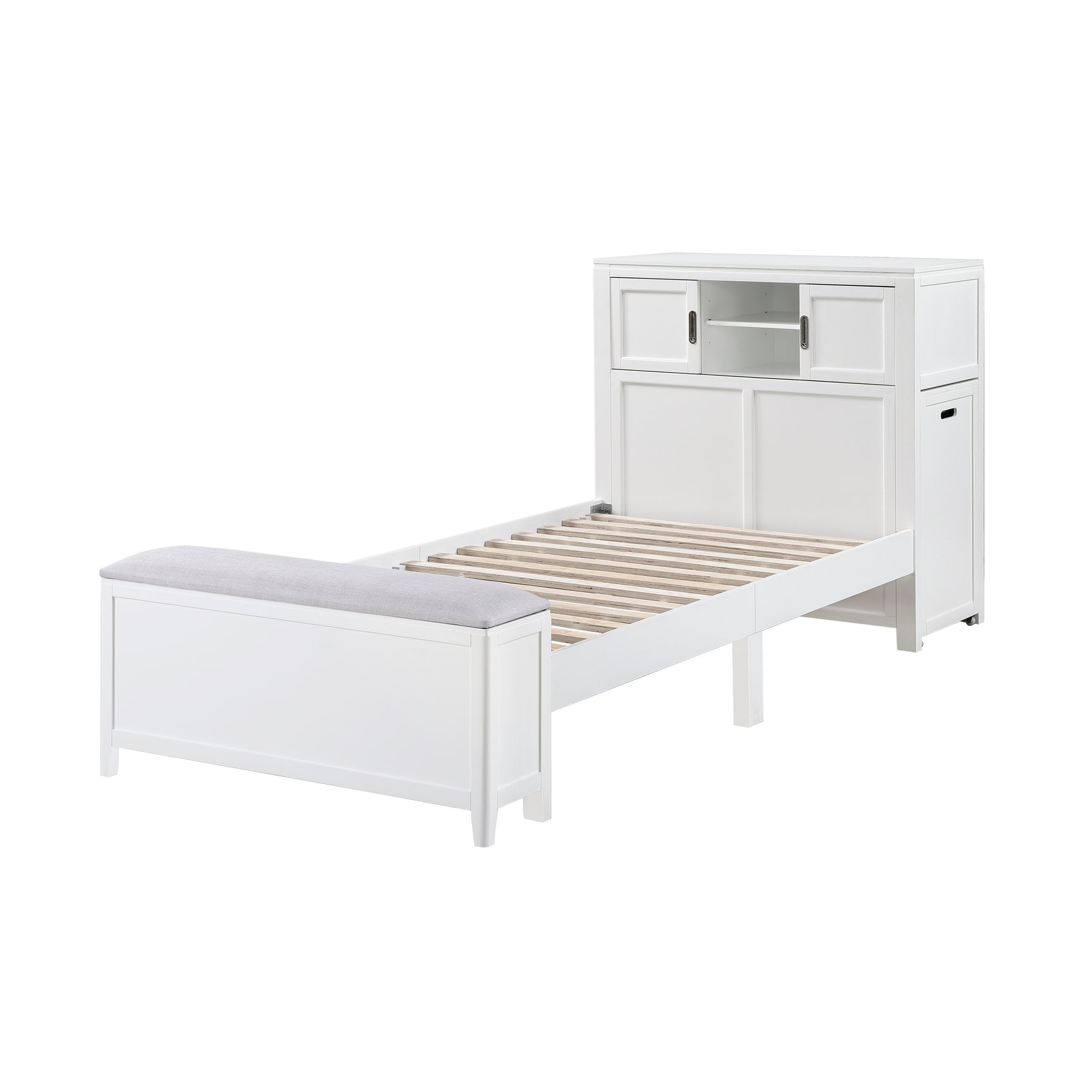 Sloane White Twin Bookcase Platform Bed with Hidden Desk & Stool and Storage Bench - Ornate Home