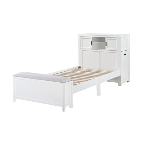Sloane White Twin Bookcase Platform Bed with Hidden Desk & Stool and Storage Bench - Ornate Home