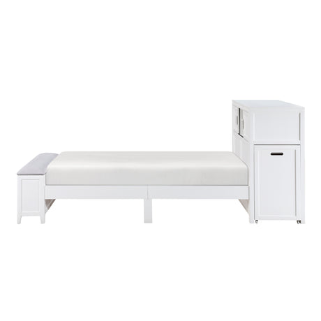Sloane White Twin Bookcase Platform Bed with Hidden Desk & Stool and Storage Bench - Ornate Home
