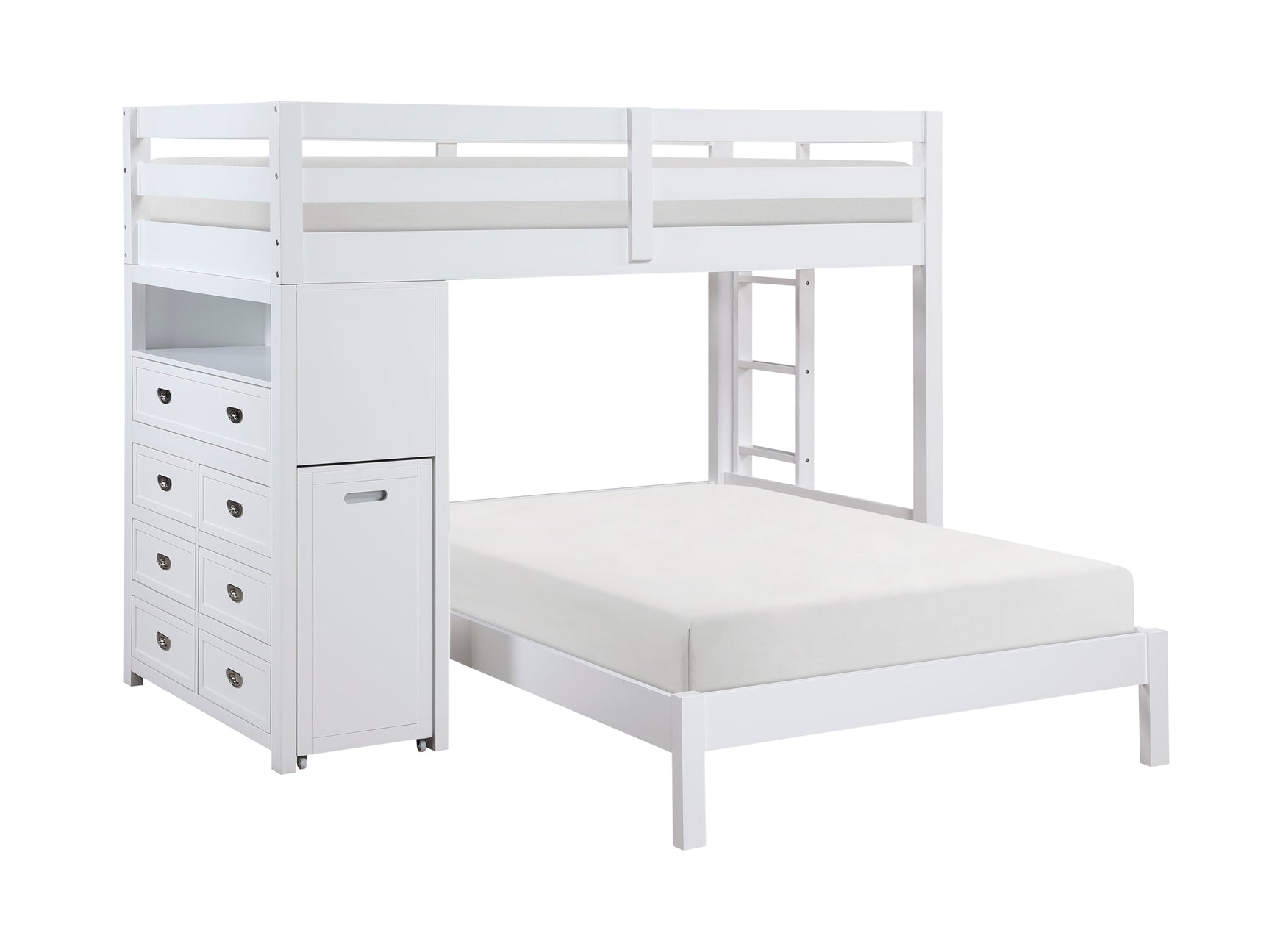 Sloane White Twin / Full Loft Bunk Bed with Chest and Hidden Desk - Ornate Home