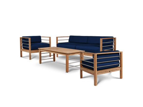 SoHo 4-Piece Teak Navy Outdoor Patio Deep Seating Set with Sunbrella® Cushion - Ornate Home