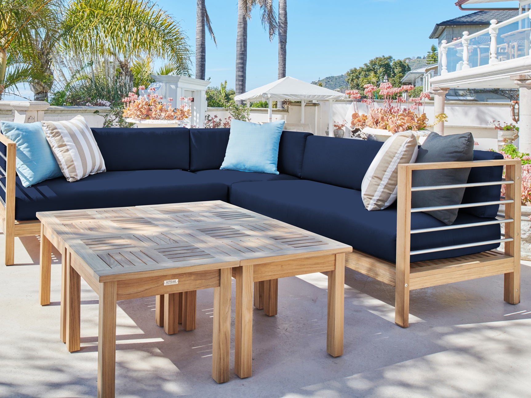 SoHo 7-piece Teak Navy Outdoor Sectional Deep Seating Set with Sunbrella® Cushion - Ornate Home