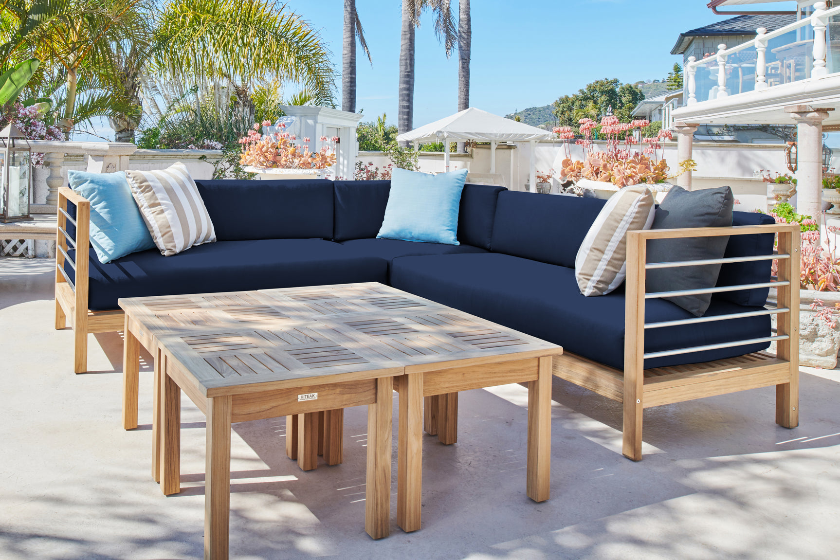 SoHo Teak Navy Outdoor Sectional Right Sofa with Sunbrella® Cushion - Ornate Home