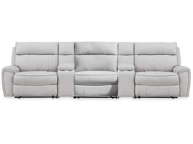 Social Pointe Pearl/Ash 5-Piece Reclining Sectional with Storage Consoles - Ornate Home