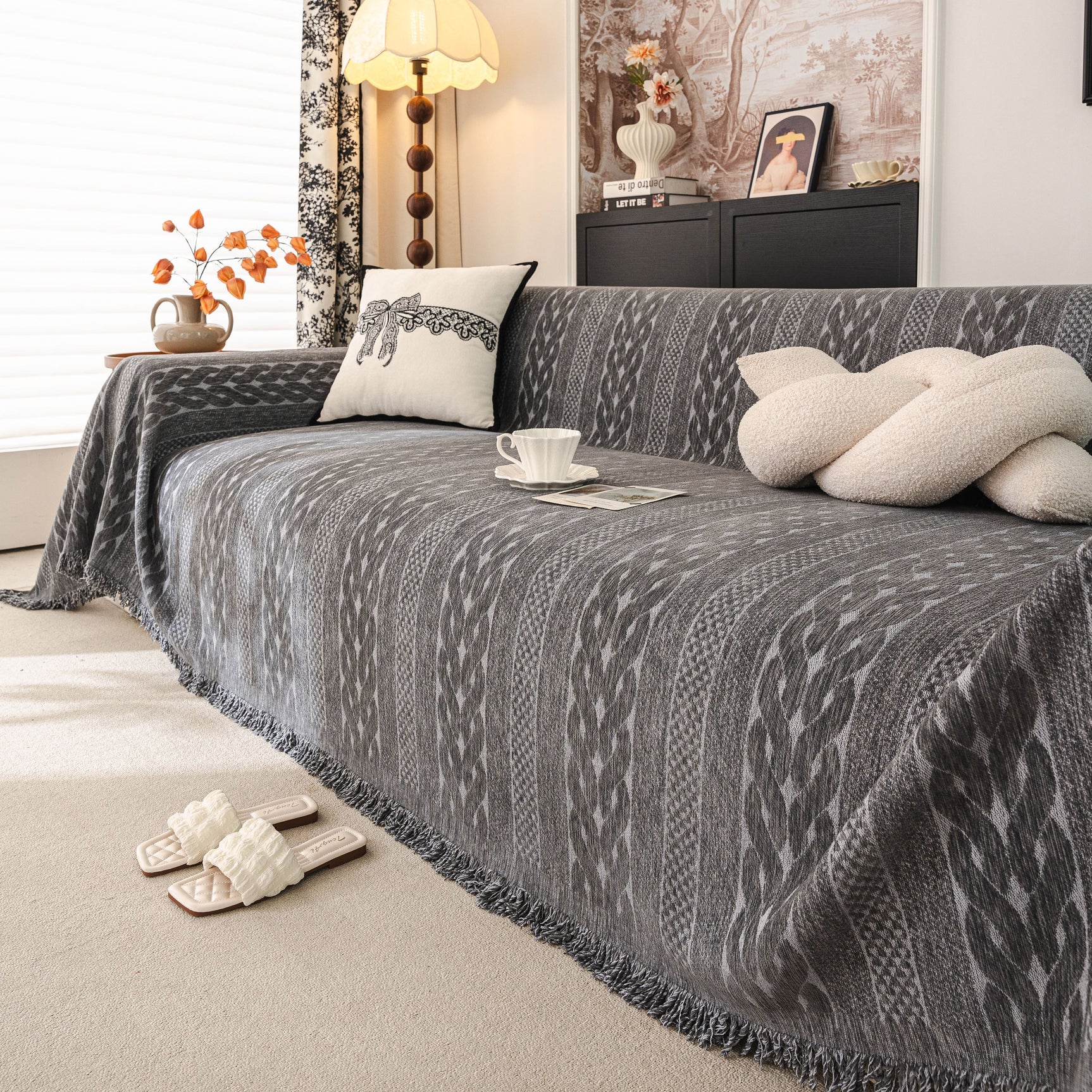 Sofa Cover Blanket Throw with Tassels, Decorative Furniture Protector for Dogs/Pets - Ornate Home