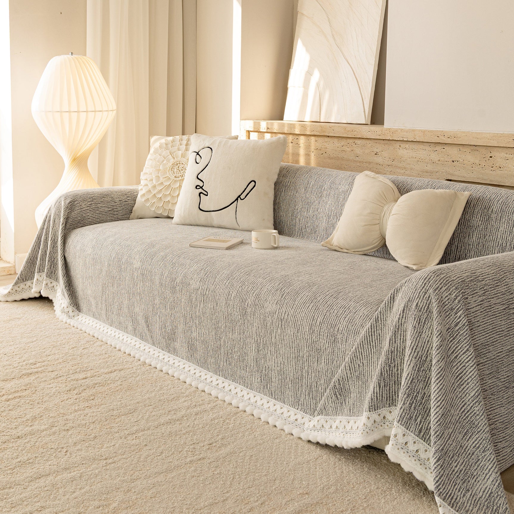 Sofa Cover Throw with Lace Trim & Pom-Pom Fringe, Decorative Couch Cover Blanket - Ornate Home