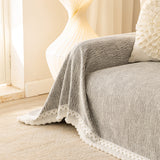 Sofa Cover Throw with Lace Trim & Pom-Pom Fringe, Decorative Couch Cover Blanket - Ornate Home