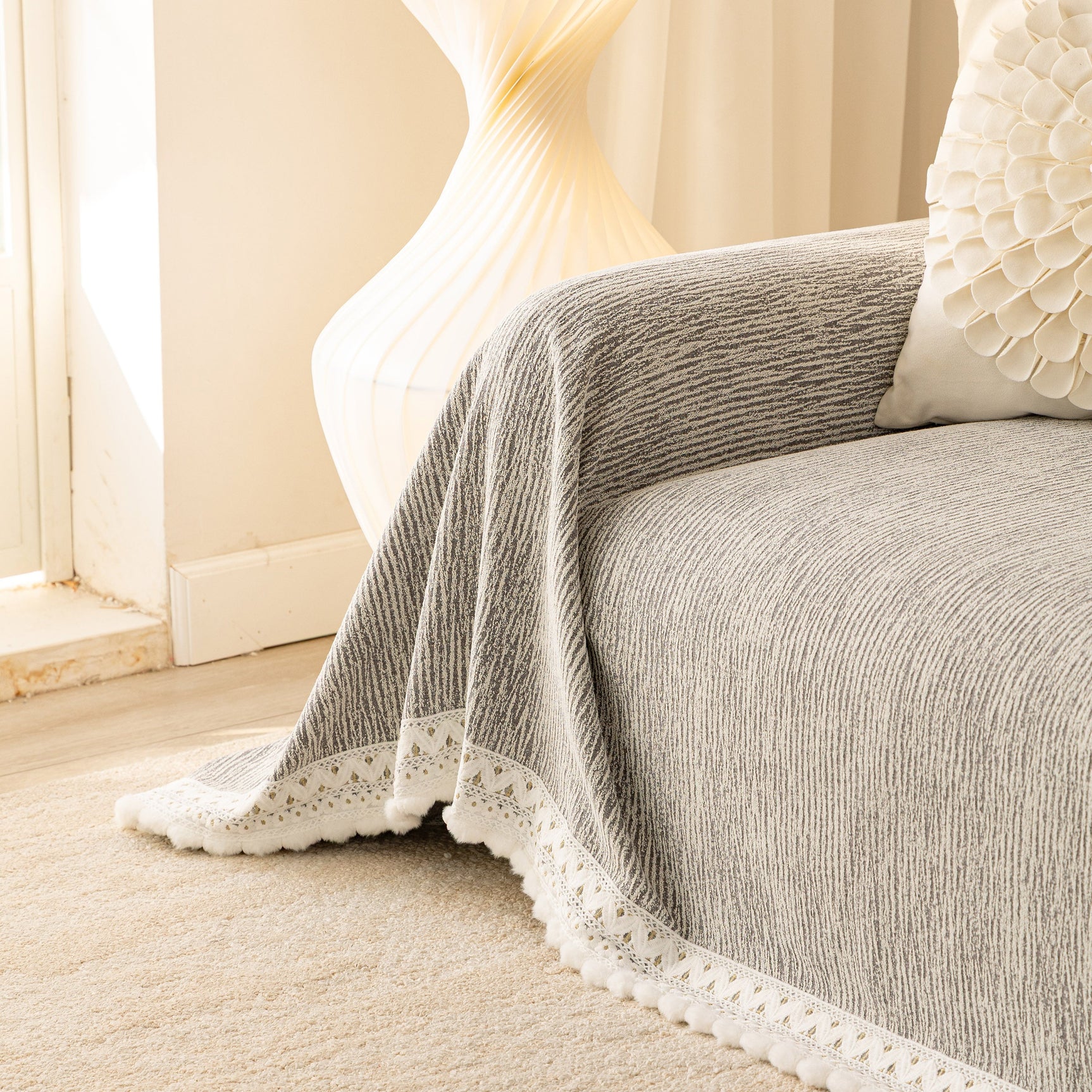 Sofa Cover Throw with Lace Trim & Pom-Pom Fringe, Decorative Couch Cover Blanket - Ornate Home