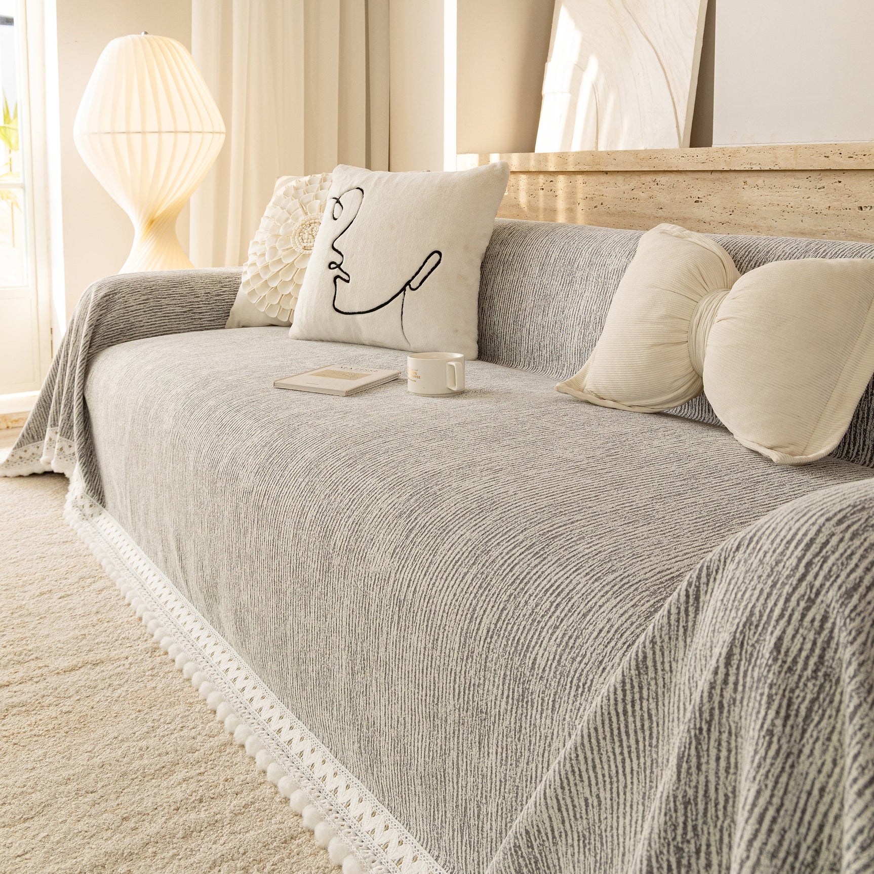 Sofa Cover Throw with Lace Trim & Pom-Pom Fringe, Decorative Couch Cover Blanket - Ornate Home