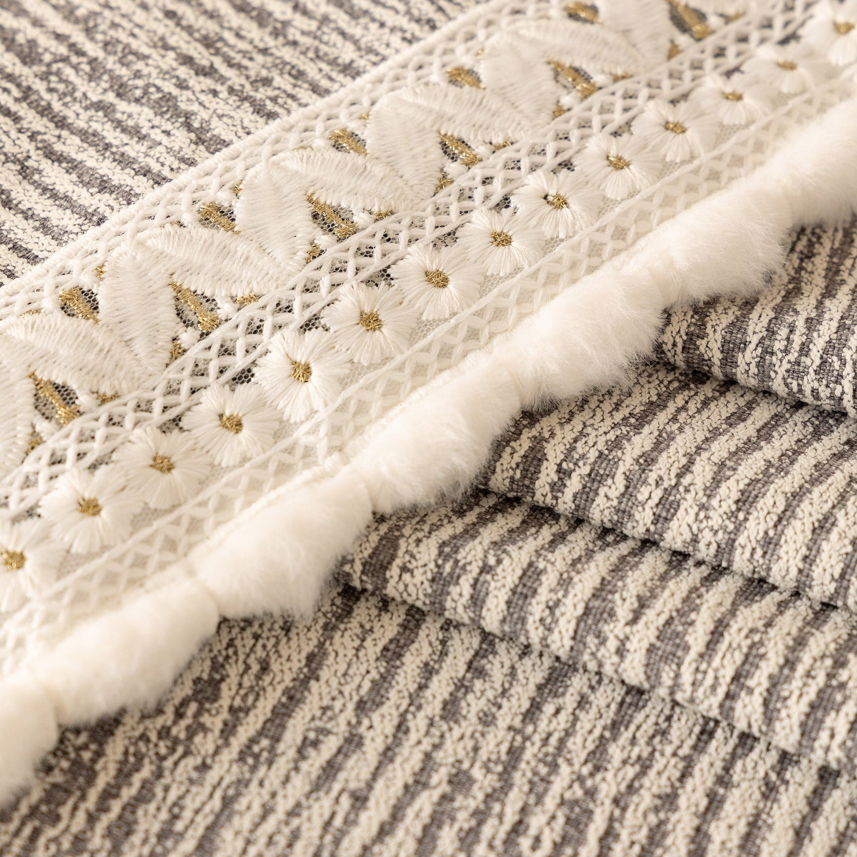 Sofa Cover Throw with Lace Trim & Pom-Pom Fringe, Decorative Couch Cover Blanket - Ornate Home