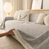Sofa Cover Throw with Lace Trim & Pom-Pom Fringe, Decorative Couch Cover Blanket - Ornate Home
