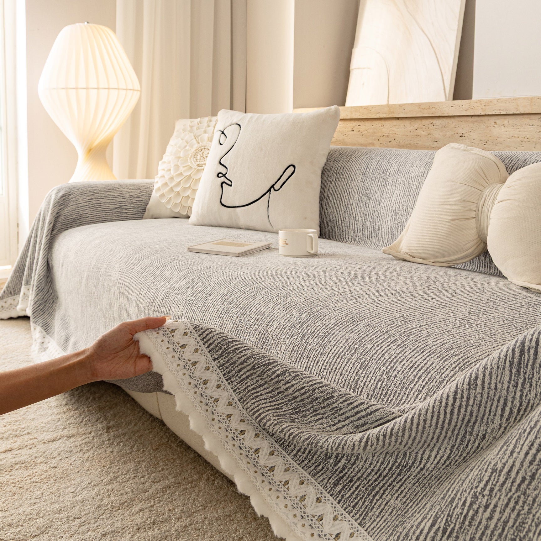 Sofa Cover Throw with Lace Trim & Pom-Pom Fringe, Decorative Couch Cover Blanket - Ornate Home