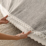Sofa Cover Throw with Lace Trim & Pom-Pom Fringe, Decorative Couch Cover Blanket - Ornate Home