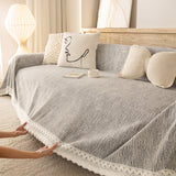 Sofa Cover Throw with Lace Trim & Pom-Pom Fringe, Decorative Couch Cover Blanket - Ornate Home