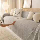 Sofa Cover Throw with Lace Trim & Pom-Pom Fringe, Decorative Couch Cover Blanket - Ornate Home