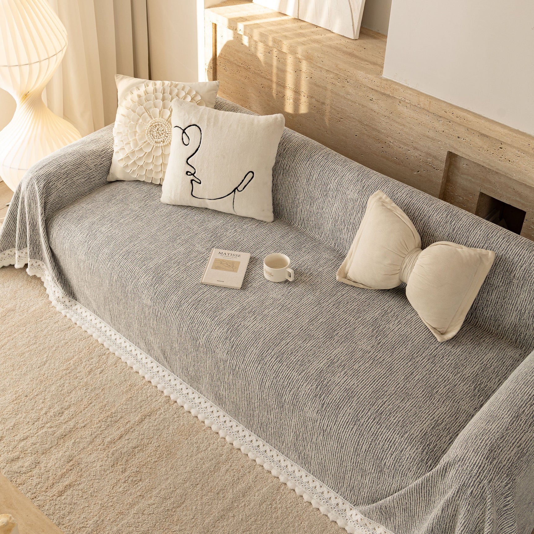 Sofa Cover Throw with Lace Trim & Pom-Pom Fringe, Decorative Couch Cover Blanket - Ornate Home
