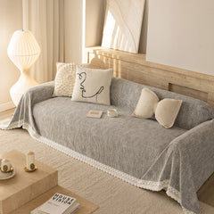 Sofa Cover Throw with Lace Trim & Pom-Pom Fringe, Decorative Couch Cover Blanket - Ornate Home