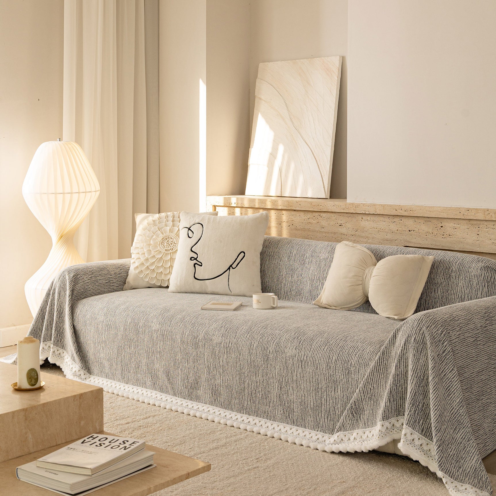 Sofa Cover Throw with Lace Trim & Pom-Pom Fringe, Decorative Couch Cover Blanket - Ornate Home
