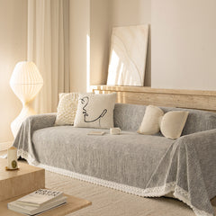 Sofa Cover Throw with Lace Trim & Pom-Pom Fringe, Decorative Couch Cover Blanket - Ornate Home