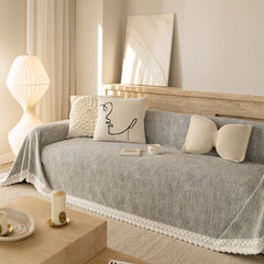 Sofa Cover Throw with Lace Trim & Pom-Pom Fringe, Decorative Couch Cover Blanket - Ornate Home