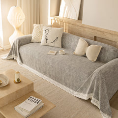 Sofa Cover Throw with Lace Trim & Pom-Pom Fringe, Decorative Couch Cover Blanket - Ornate Home