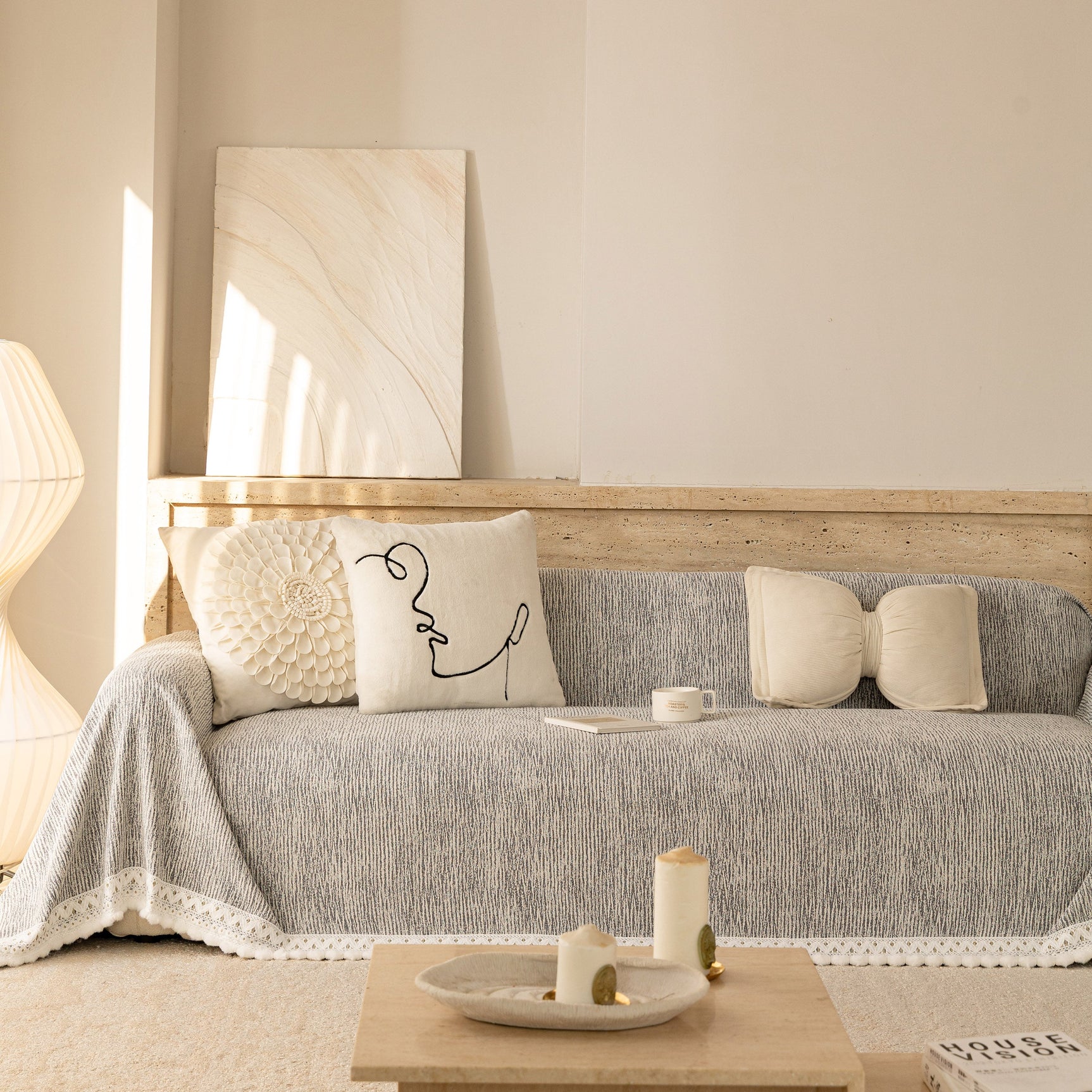 Sofa Cover Throw with Lace Trim & Pom-Pom Fringe, Decorative Couch Cover Blanket - Ornate Home