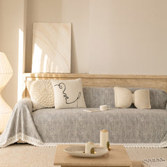 Sofa Cover Throw with Lace Trim & Pom-Pom Fringe, Decorative Couch Cover Blanket - Ornate Home
