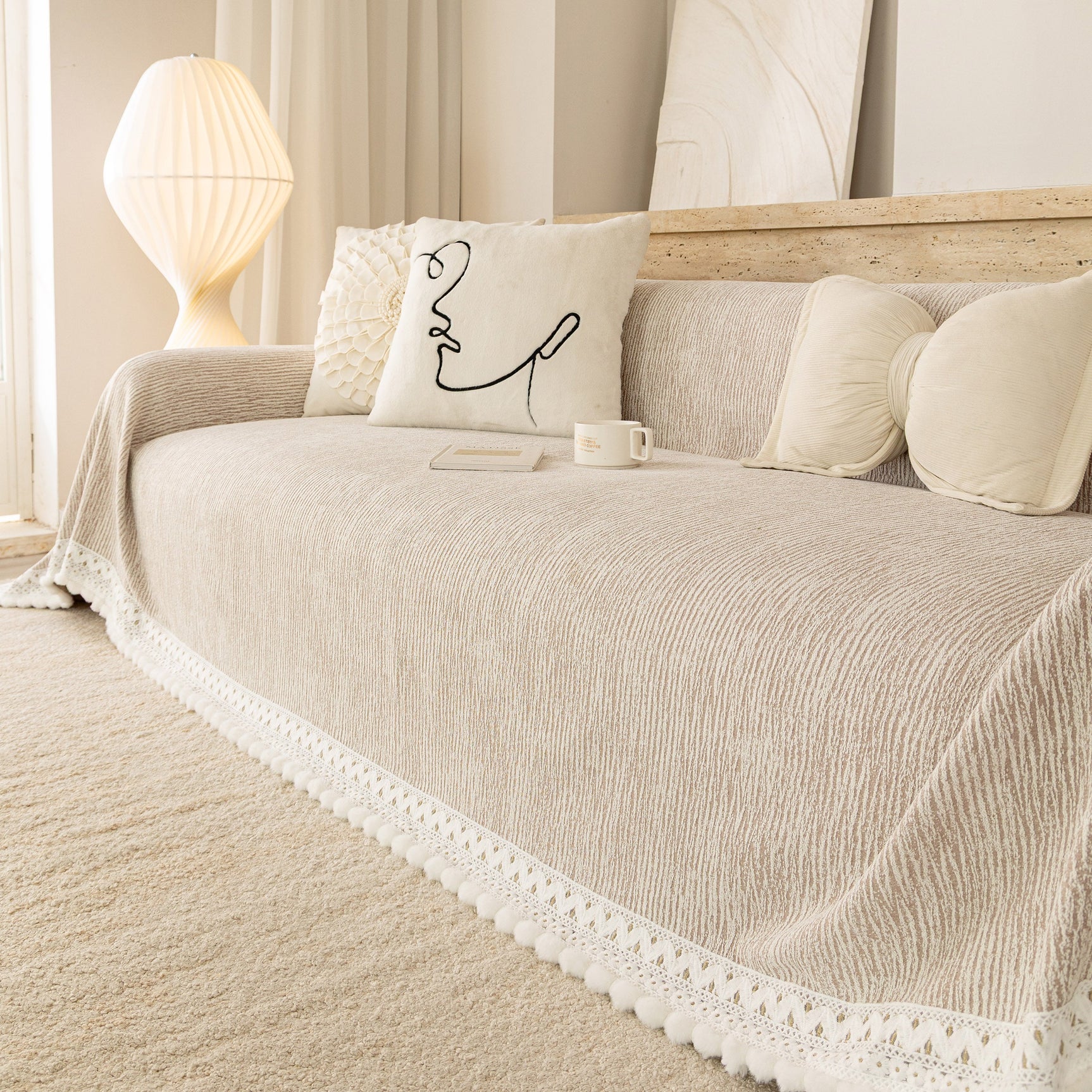 Sofa Cover Throw with Lace Trim & Pom-Pom Fringe, Decorative Couch Cover Blanket - Ornate Home